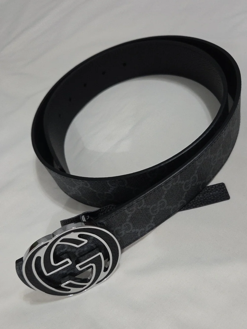 Gucci Black Leather Monogram Belt Silver Double GG Buckle